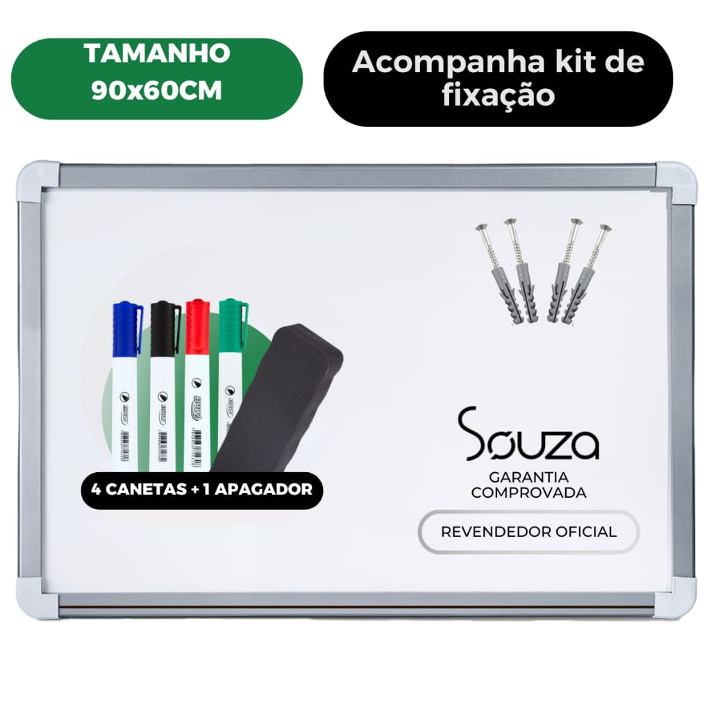 Quadro Branco Lousa 90x60cm + 4 Canetas + Kit Instalação + 1 Apagador Grátis