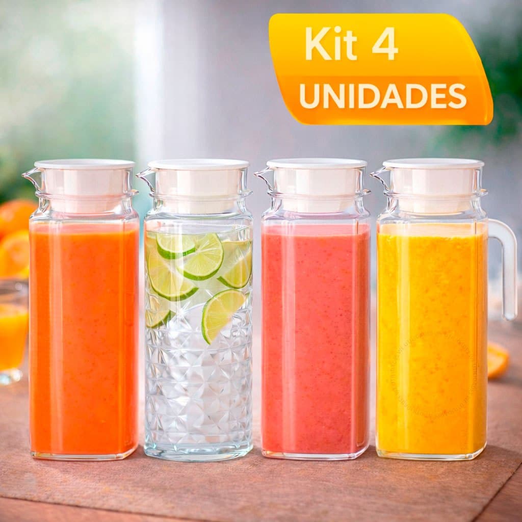 Kit 4 Jarras Vidro Suiça Transparente 1,1 Litro Com Tampa Resistente e Vidro Reforçado