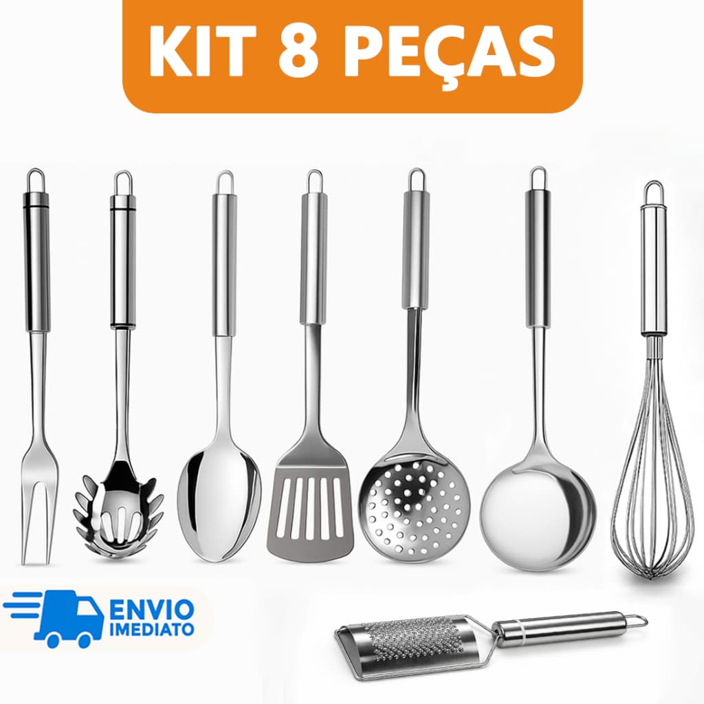 Kit 8 Utensílio para Cozinha Aço Inox Escumadeira Concha Colher Arroz Garfo Espátula Fue Pegador Ralador