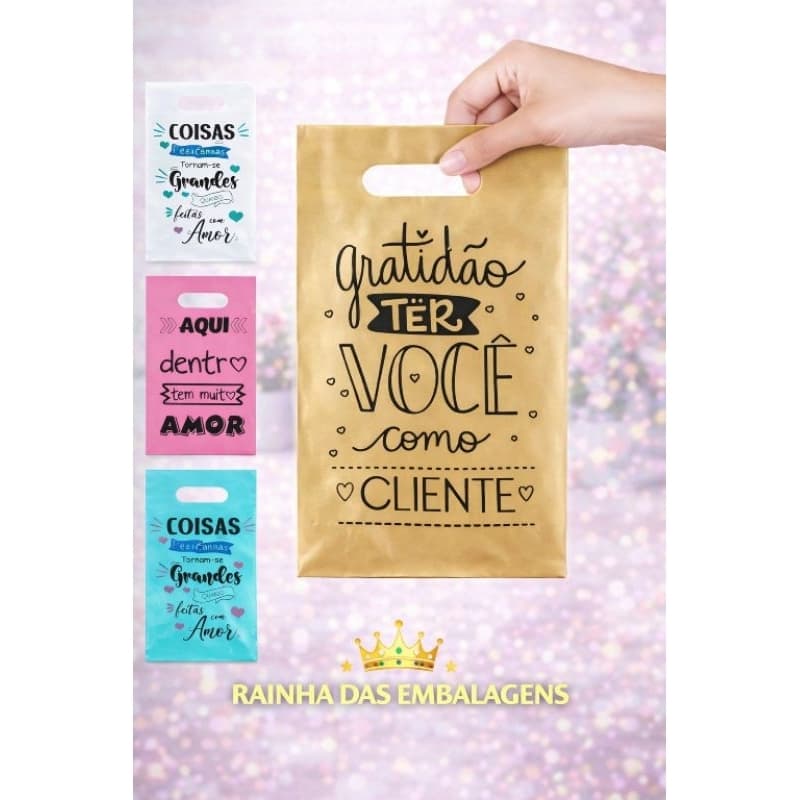 50 Sacolas Plásticas Impressa - Frases GRATIDÃO 20x30/30x40/40X50 Entrega Rápida