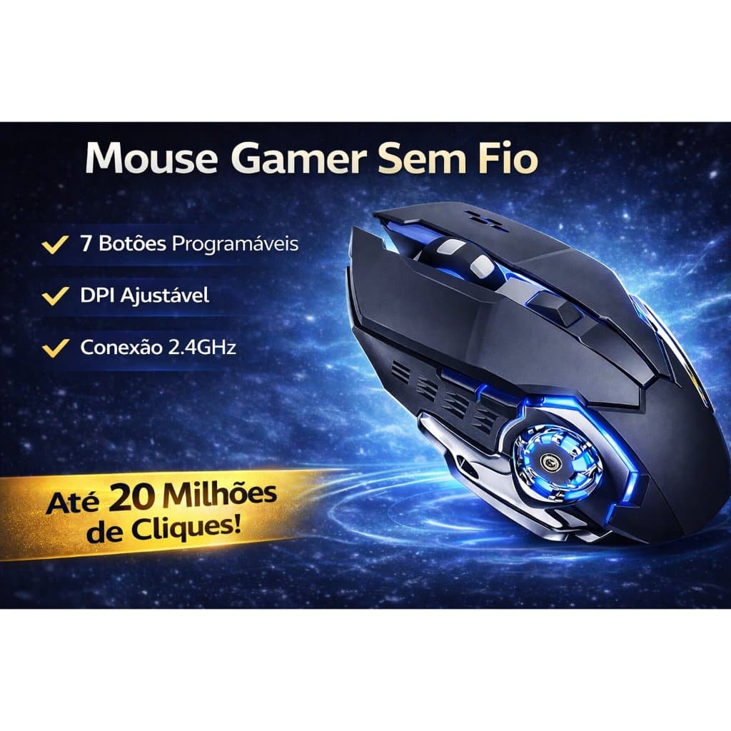 Mouse Gamer T-wolf Q13 Sem Fio Recarregável 2400Dpi Preto - 6 Botões