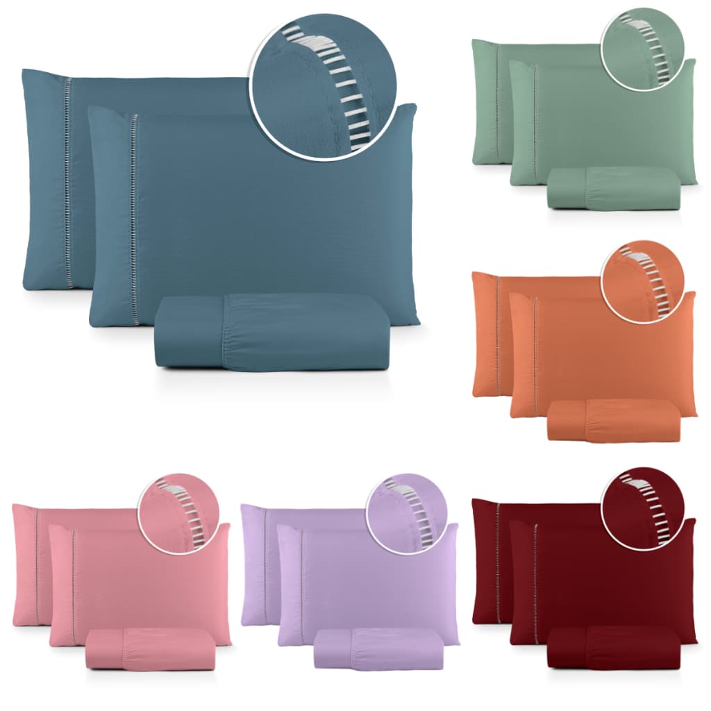 Kit Jogo Lençol De Cama Casal 3 Peças Liso Com Elástico Fronha Ponto Palito