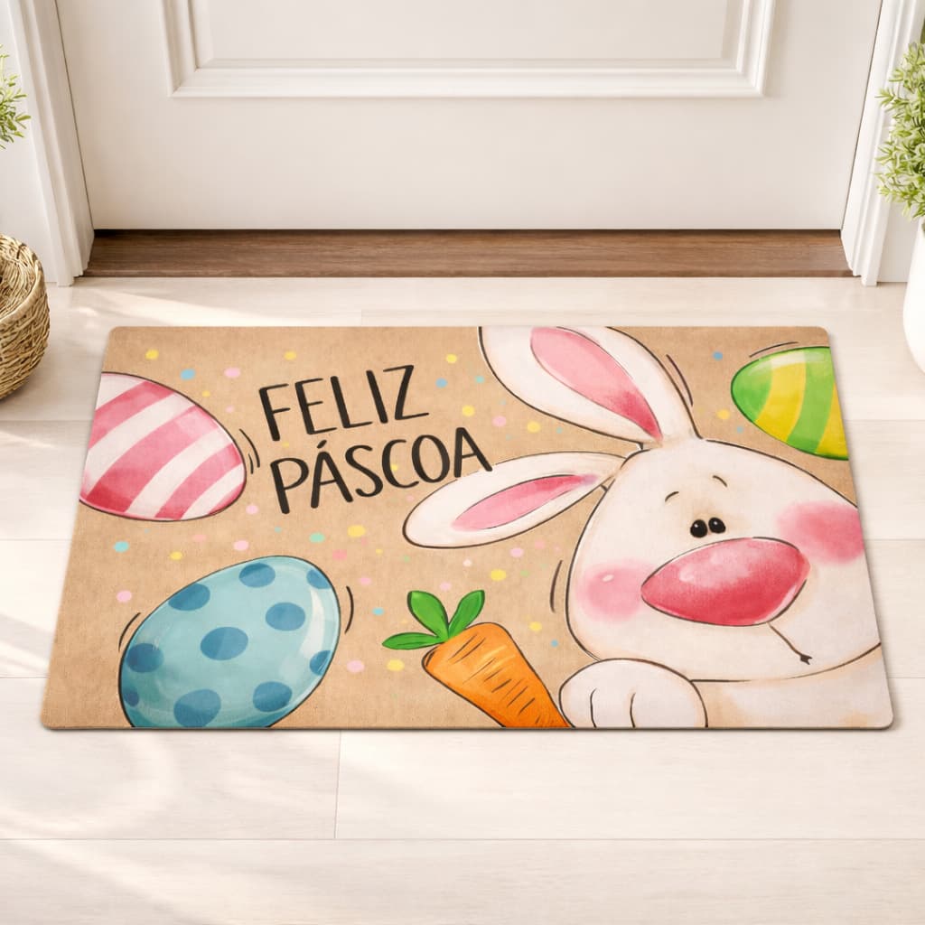 Tapete Porta de Entrada Decoração de Páscoa 55x35 Antiderrapante Bem-Vindo