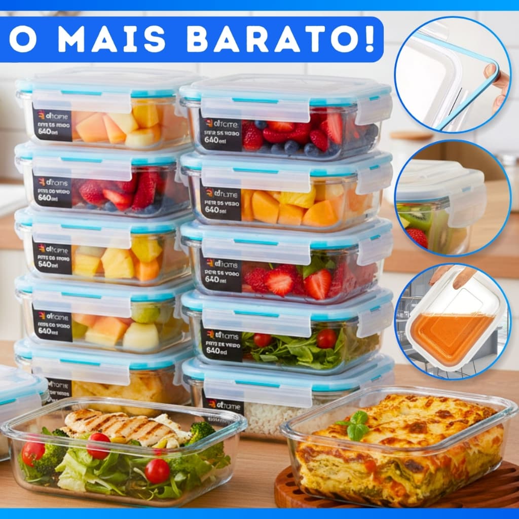 Kit 10 OU 5 Pote de Vidro Hermético Retangular 4 Travas Marmita Fit Microondas Mantimentos - FULL!