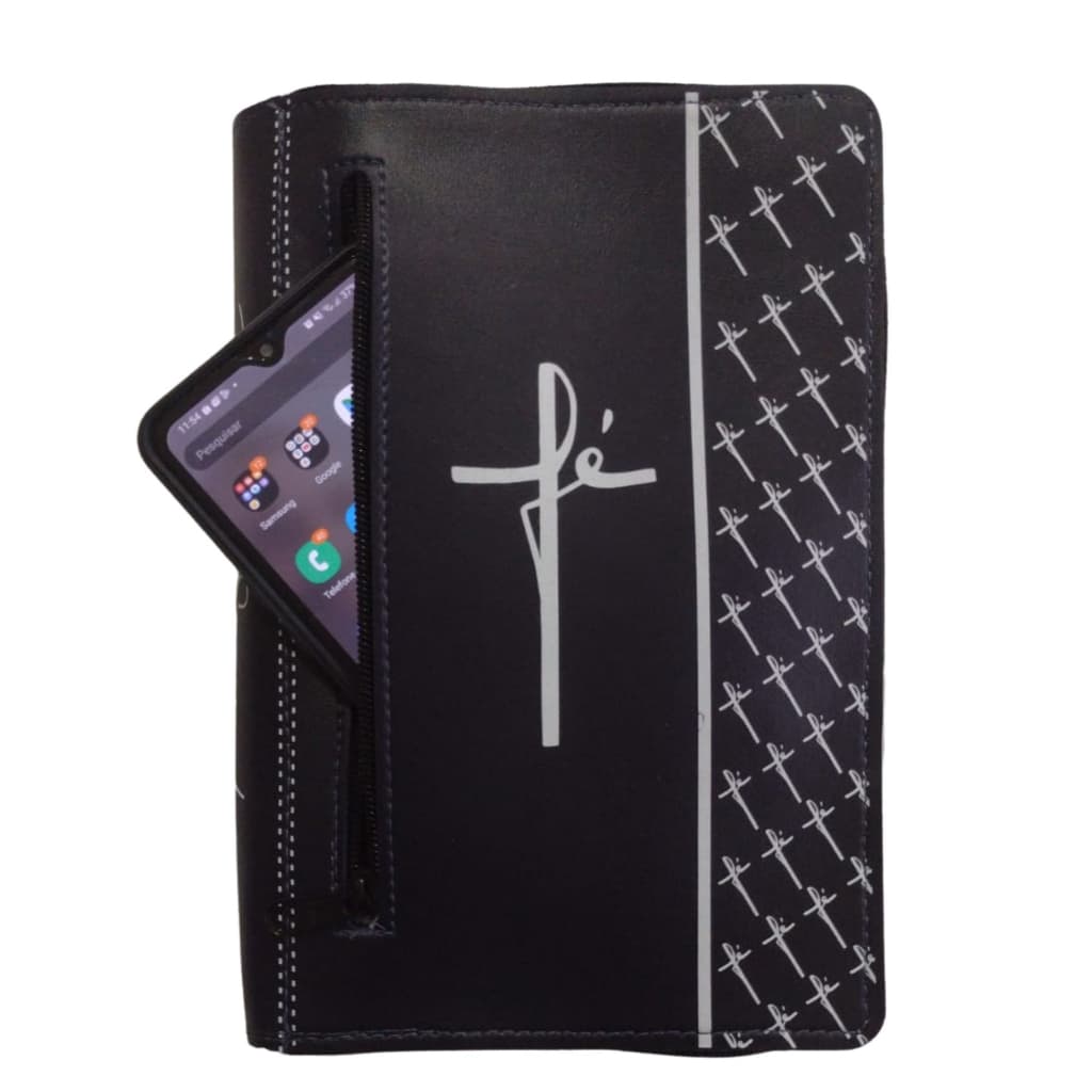 Capa para Bíblia com Zíper e Bolso Externo Cor Preta Escrito Fé - Número 11 - Para Bíblias Médias