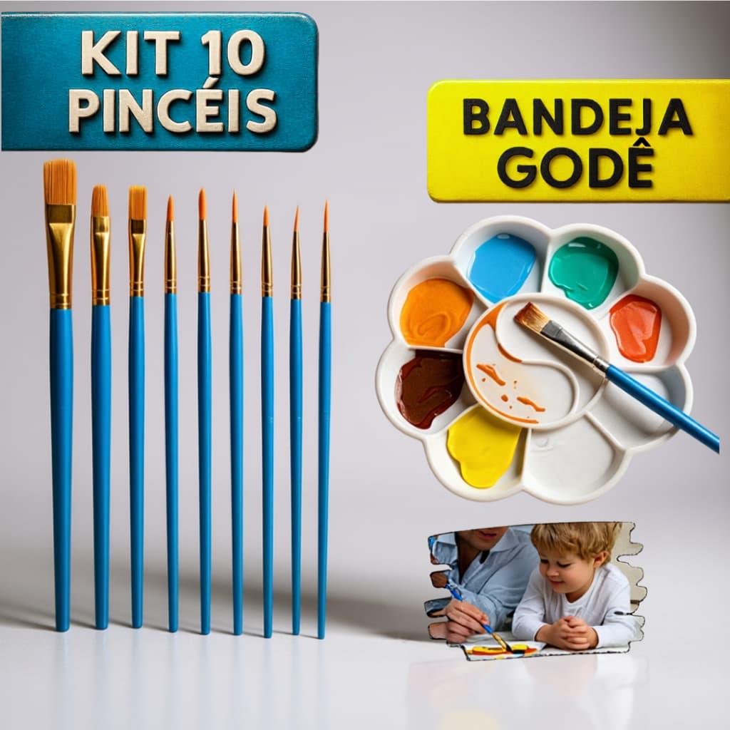 Kit 10 Pincel de Pintura Colorir Com ou Sem Bandeja de Tinta Paleta Godê De Plástico Pincéis Para Artesanato