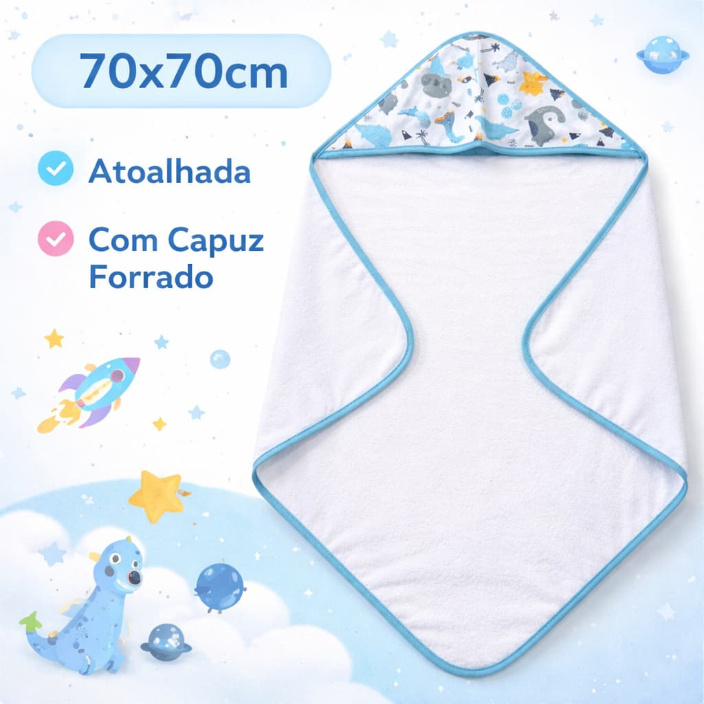 Toalha de Banho Bebê com Capuz Forrado Infantil Atoalhado Premium 70x70cm