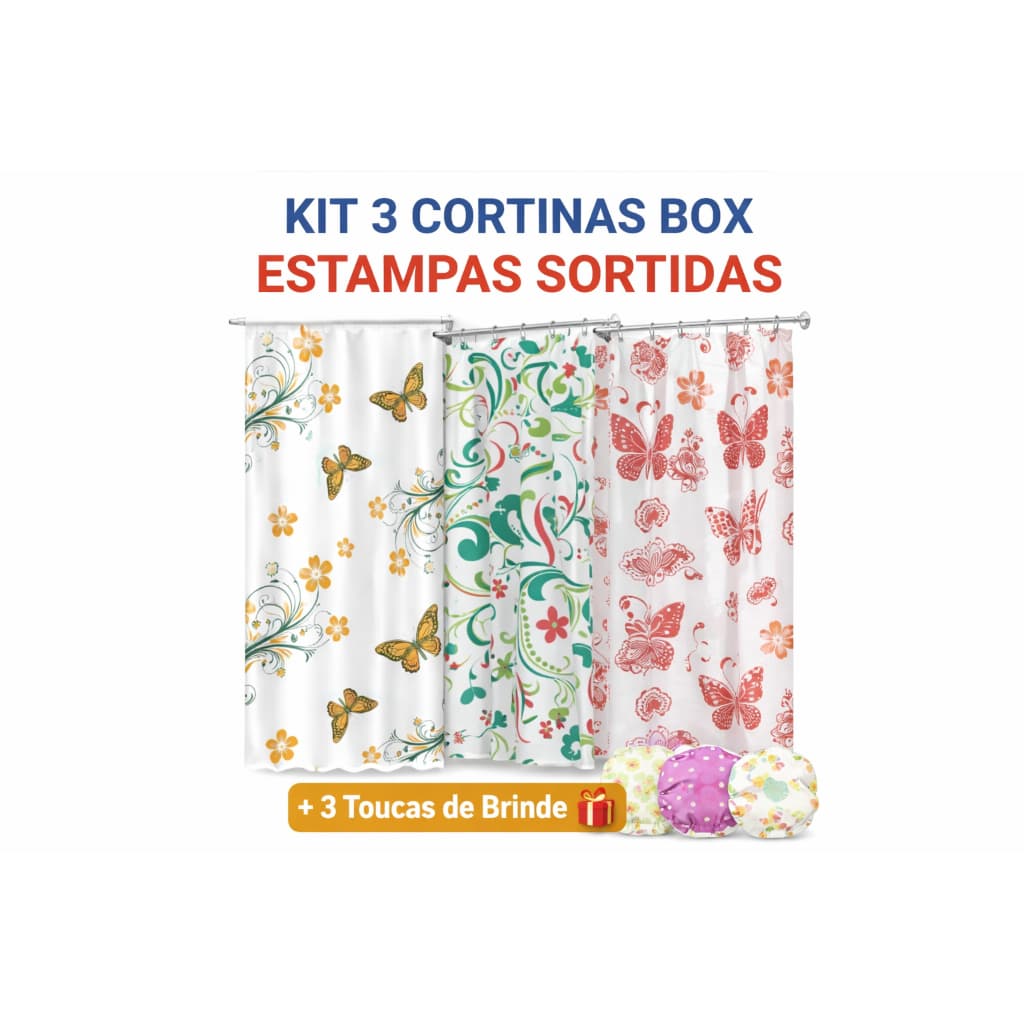 Kit 3 Cortinas Box Banheiro Estampadas Diversas Pague 2 Leve 3 Viés PE Uso Direto Suporte 1,38x1,80m