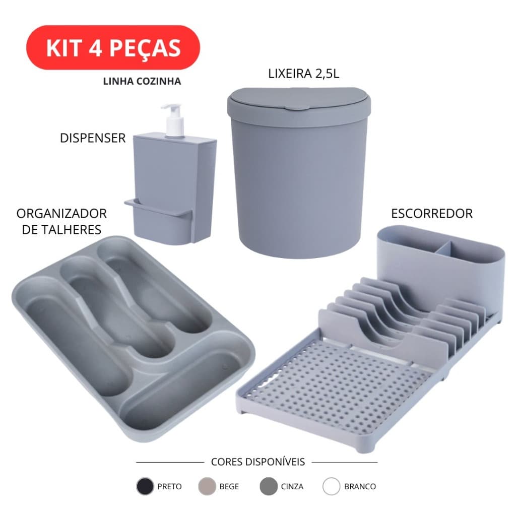 Kit Cozinha 4 Peças Completo Organizador Talheres Escorredor Dispenser Lixeira 2,5L Preto Bege Cinza Branco