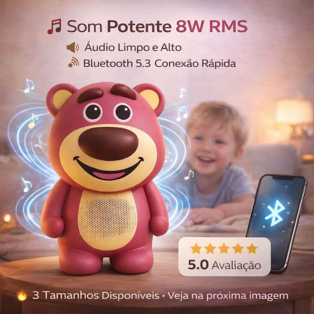 Caixa De Som Bluetooth Caixinha Portátil Ursinho Infantil 8W RMS MP3 USB Suporta cartão M...