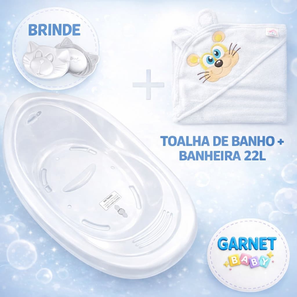 Kit Banheira de Bebe 22L +Toalha de banho + Saboneteira Menina/Menino e branco