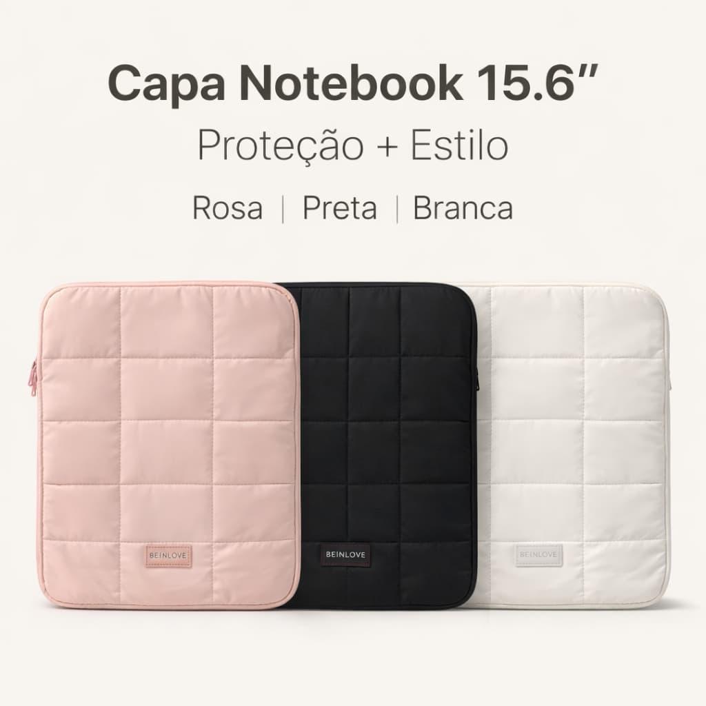 Capa Notebook 15.6 Case Acolchoada Puffer Canelado Proteção 360° 38x27cm Rosa Preto Branco
