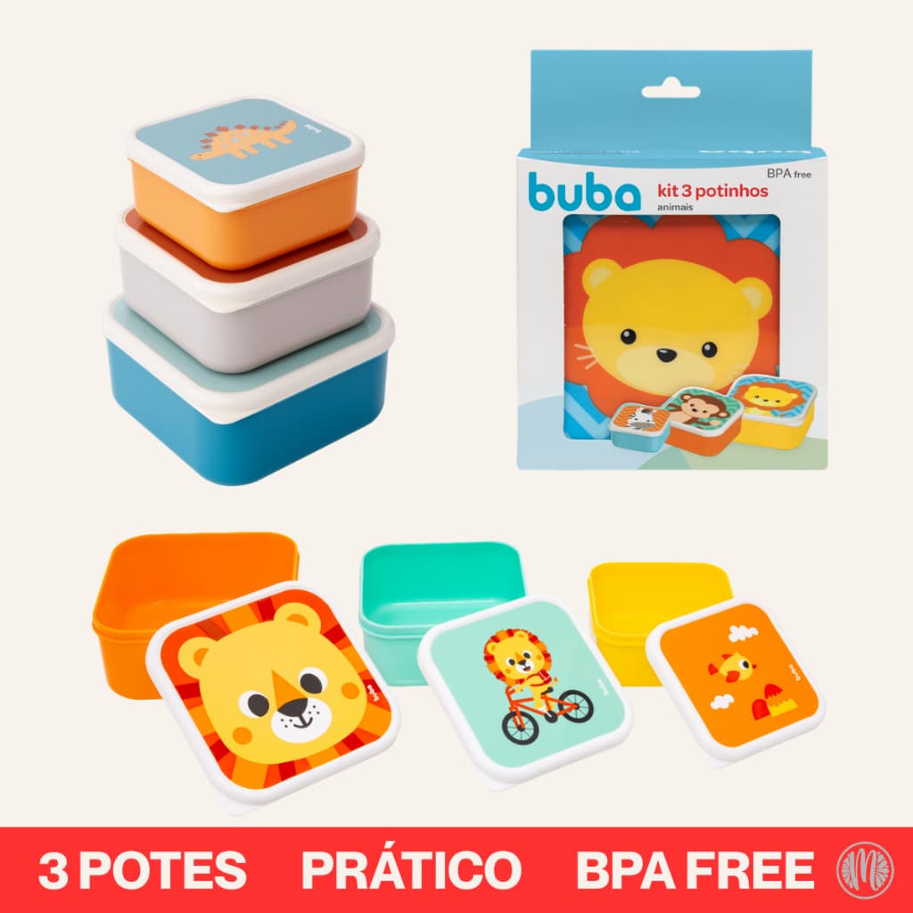 Kit 3 Potinhos Pote Lanche Refeição Buba Infantil Encaixaveis