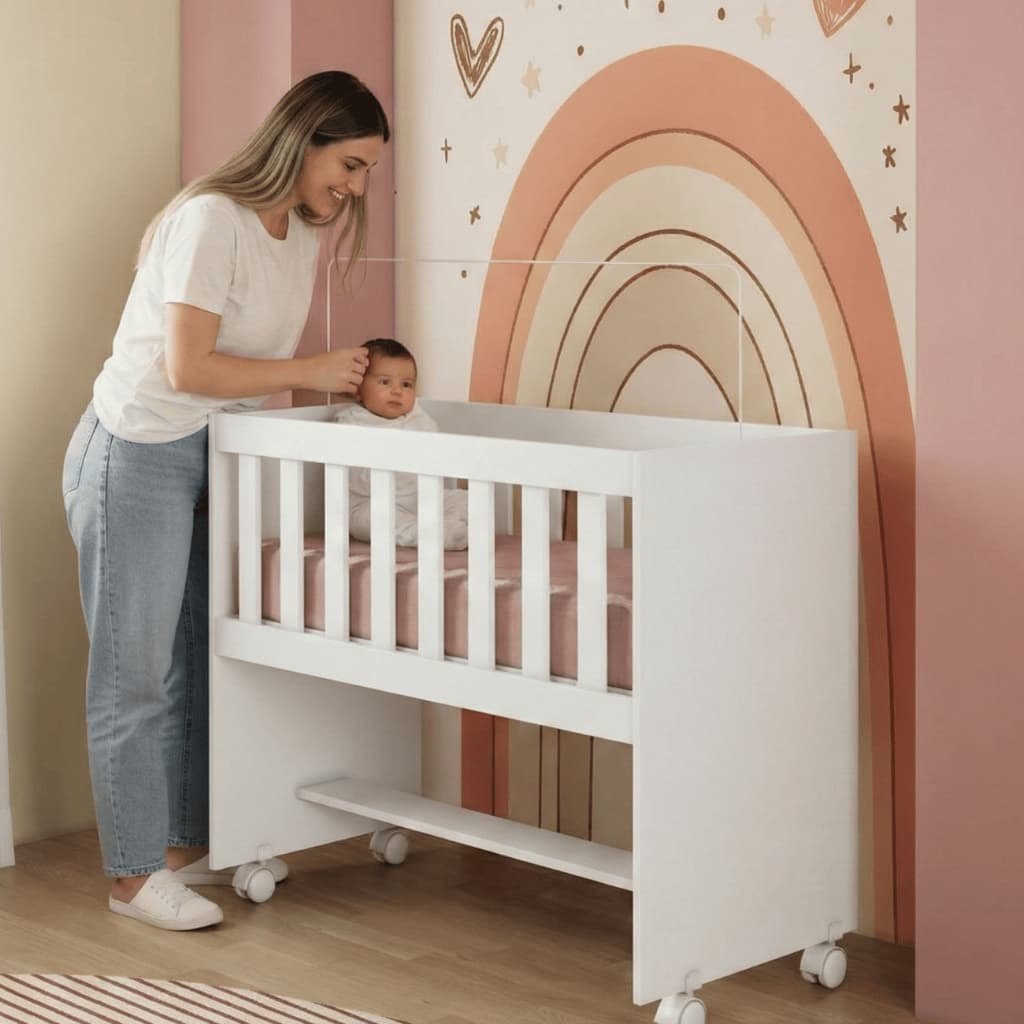 Berço Multifuncional Reno 3 em 1 com Colchão D18 e Rodízios Suporte Mosqueteiro Inmetro Quarto Bebe