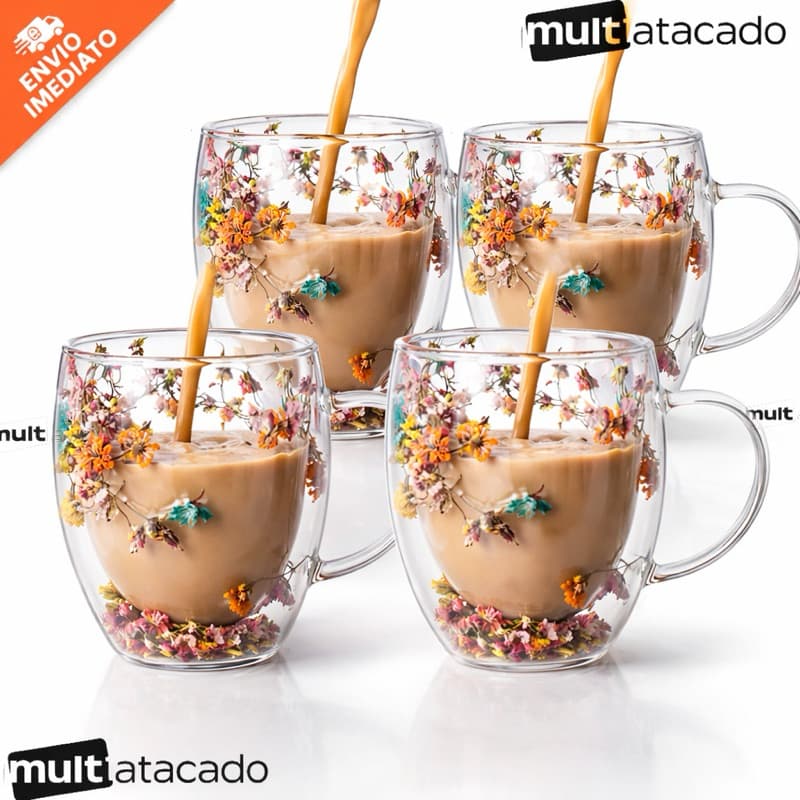 Lindo kit com 1, 2, 3 ou 4 Xícaras Caneca copo de vidro duplo com flores colorida no interior café chá design moderno