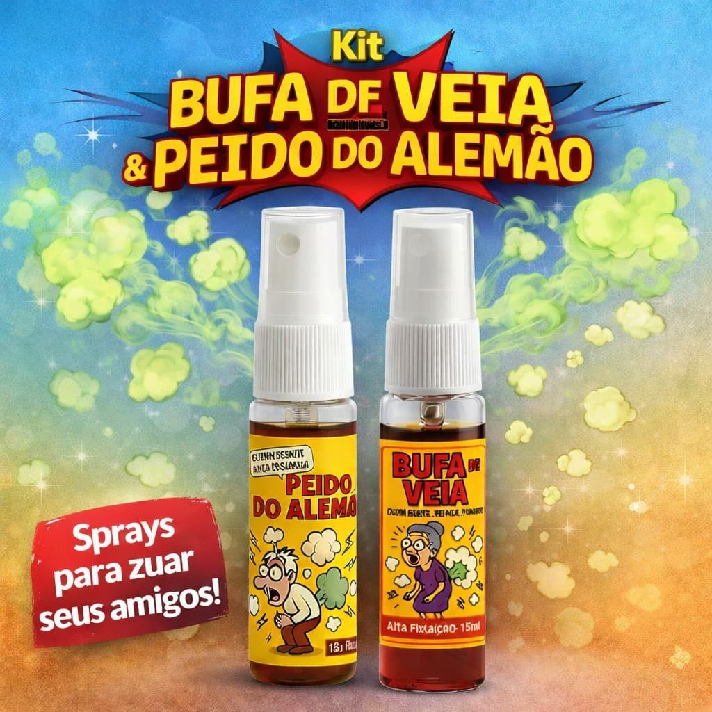 Kit Bufa de Veia e Peido do Alemão Spray Pegadinha Peido Realista Cheiro Forte Zoação