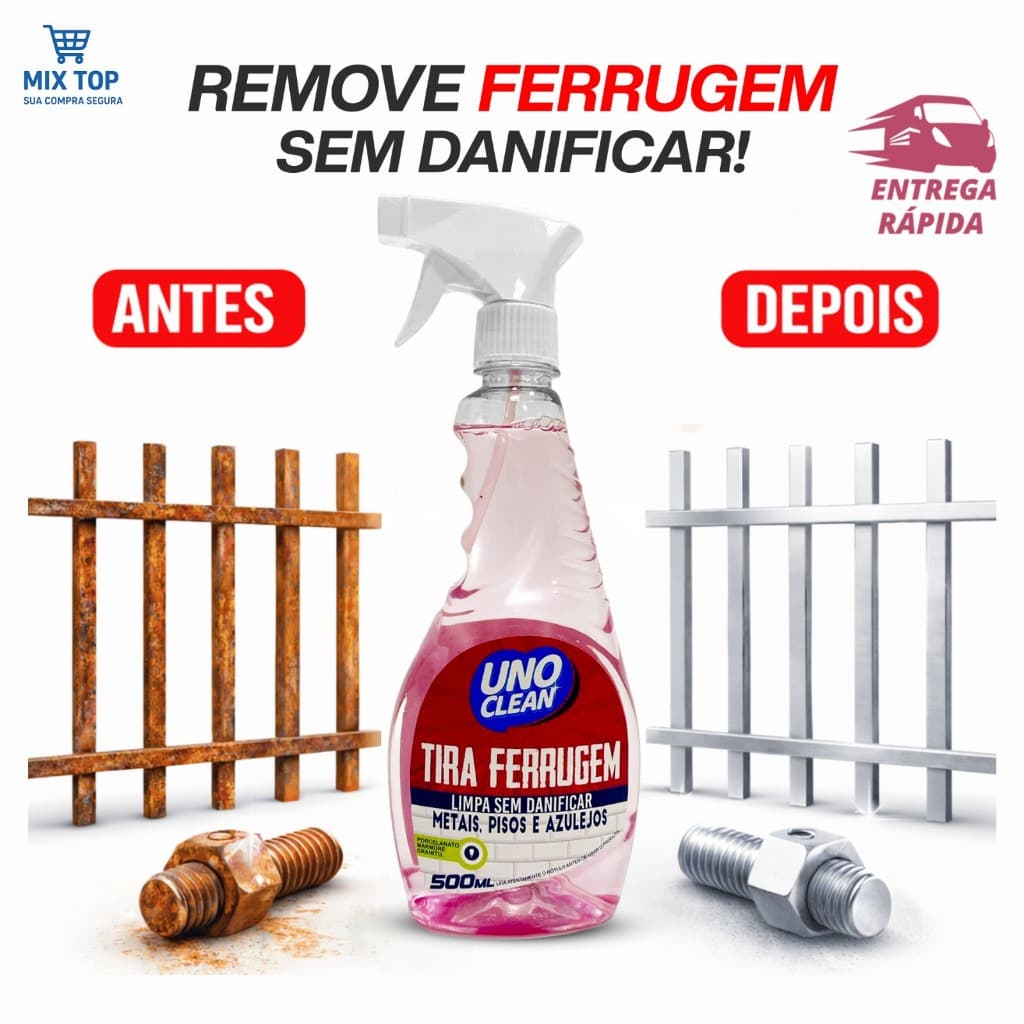 Tira Ferrugem Uno Clean 500ml: Remova Oxidação de Metais, Pisos e Azulejos Sem Danificar! Brilho Novo em Segundos.
