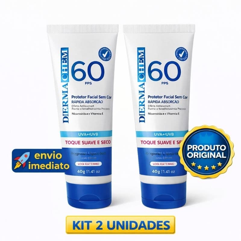Protetor Solar Facial Dermachem FPS 60 Toque Seco Oil Free UVA UVB 40g sem cor 1 e 2 Unidades Original