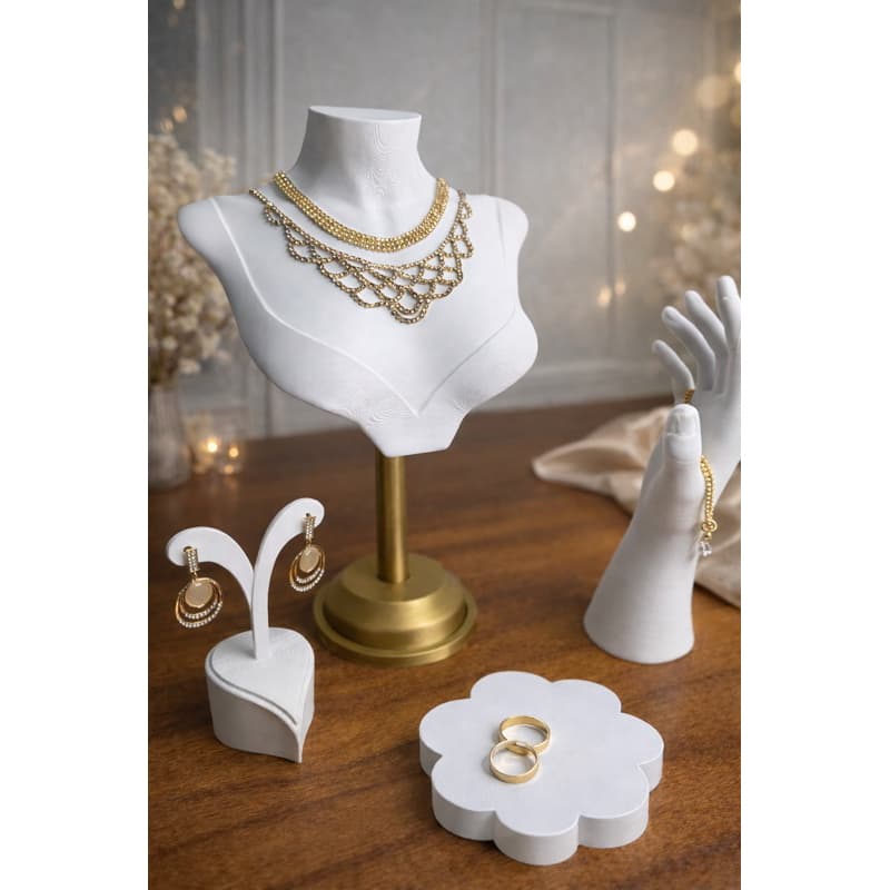 Kit Expositor de Joias Completo, Busto Colar 30cm, Mão 22cm Pulseira e Anel, Suporte para Brincos e Base para Alianças