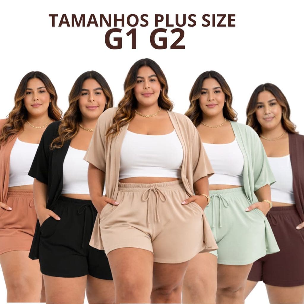 CONJUNTO 2 PEÇAS KIMONO SHORT DUNA PLUS SIZE ELEGANTE MODA PRAIA BOLSO FACA TENDENCIA VERÃO 2026