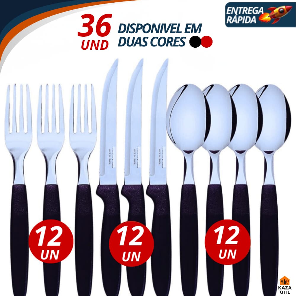 Jogo de Talheres Aço Inox 9/18/27/36 Peças Garfo Faca Colher Cabo Preto ou Vermelho Cozinha Resistente