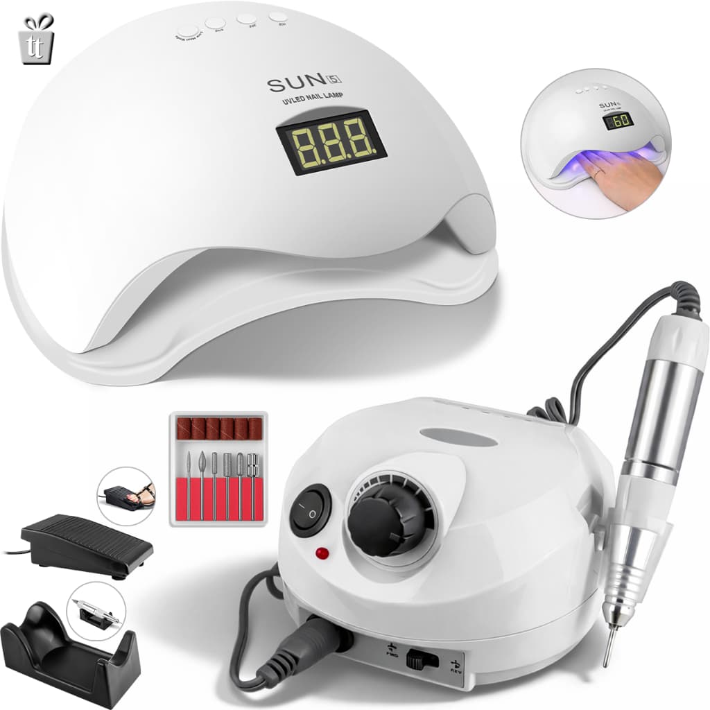 Kit Cabine Sun 5 Led Uv 48w Unha Gel Acrigel Porcelana + Motor Porquinho Lixa Lixadeira de Unhas Elétrica Manicure