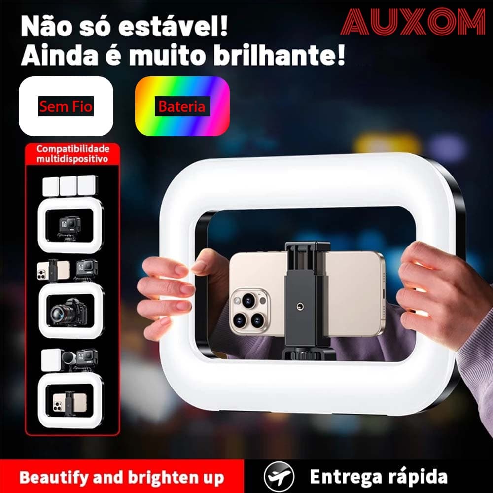 Ring Light LED RGB 20W Profissional Recarregável com Bateria Bluetooth Tripé para Foto Vídeo Streaming 3 Modos