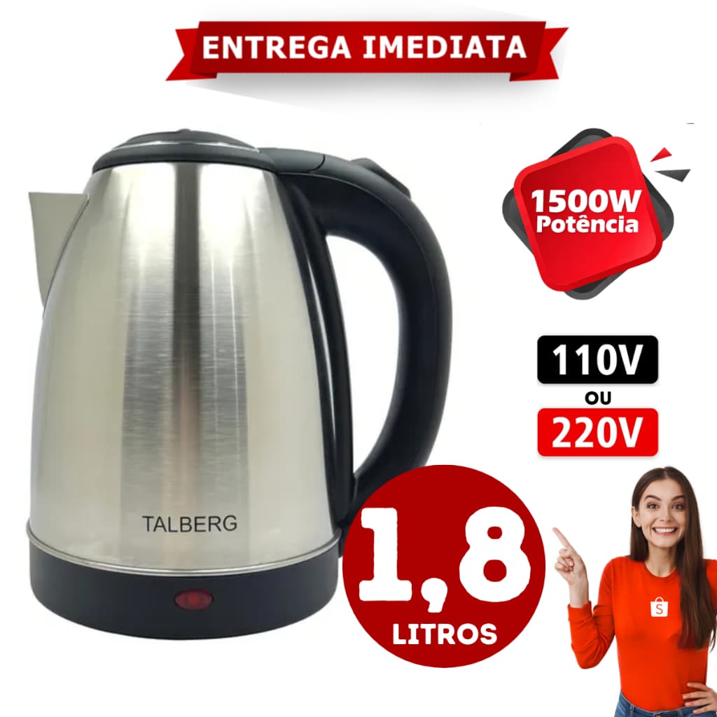 Chaleira Elétrica Inox 1,8L 110V ou 220V 1500W de Potência