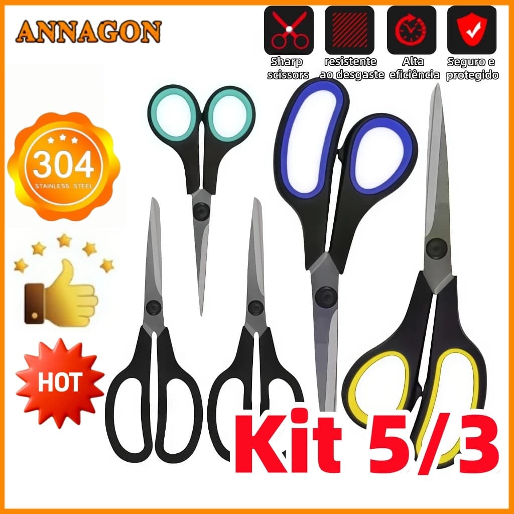 Kit 5/3 Tesouras Em Aço Inox Corte Costura Artesanato Domestico e profissional
