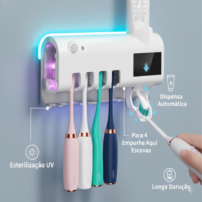 Porta Escova Dentes com Esterilizador UV, Aplicador de Pasta de Dente e Suporte