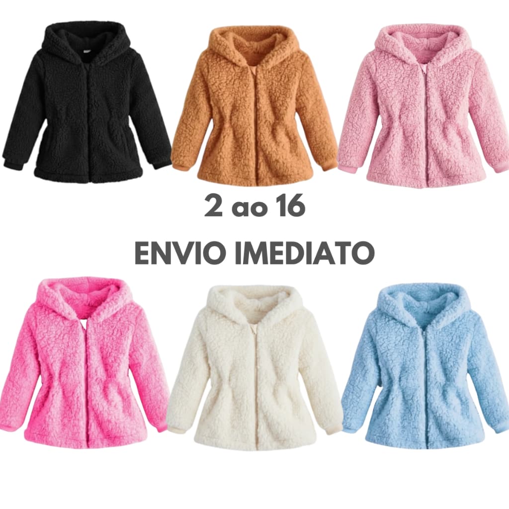 Casaco Teddy Infantil Menina Capuz Touca com Ziper Ted Tedy Forrado Quente Feminino Jaqueta Infantil