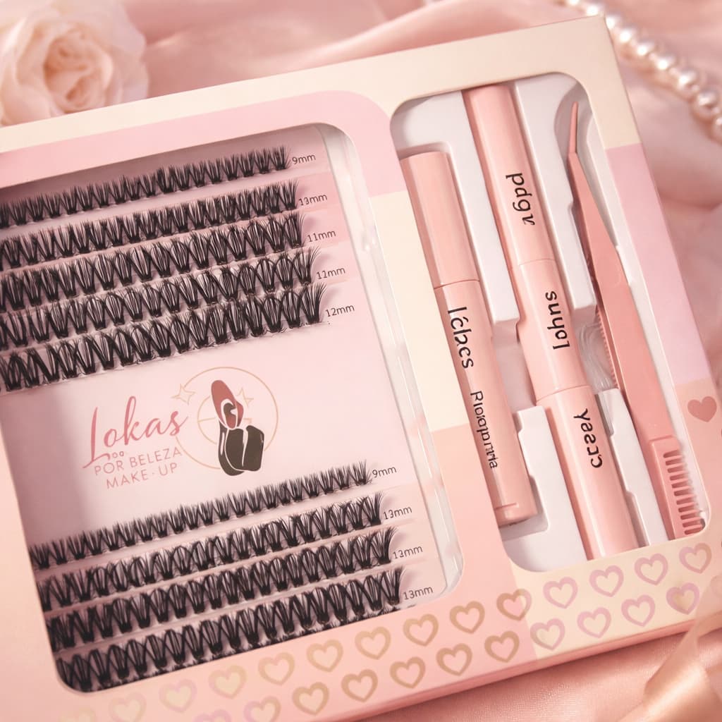 Kit Cílios Tufo Lokas Por Beleza  Diy Lash Kit com Cola + Finalizador + Pinça E Removedor kit Completo Make