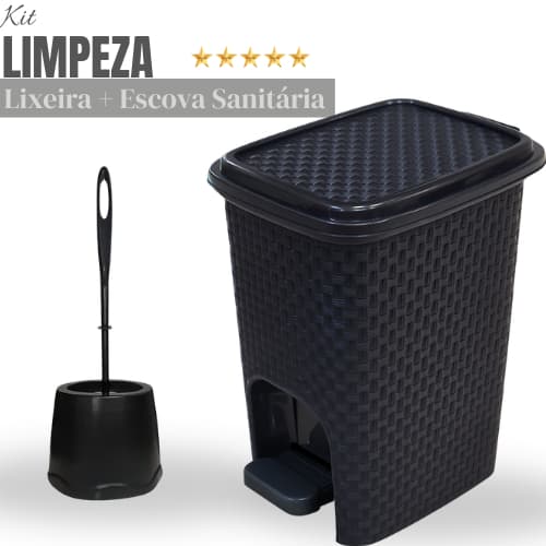 Kit Banheiro – Lixeira Rattan Preta 7L com Pedal + Escova Sanitária Reforçada