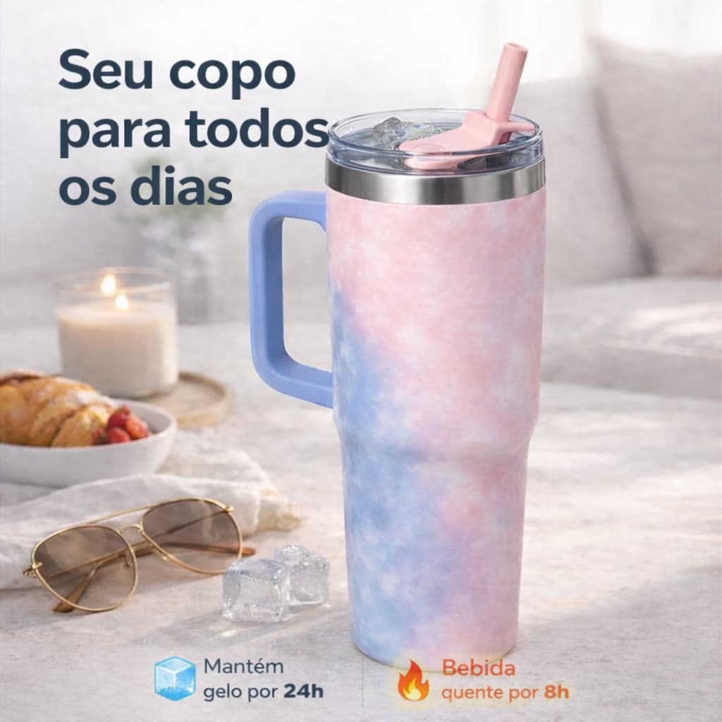 Copo Térmico Inox Portátil 1200ML com Tampa e Canudo Garrafa Térmica Inoxidável