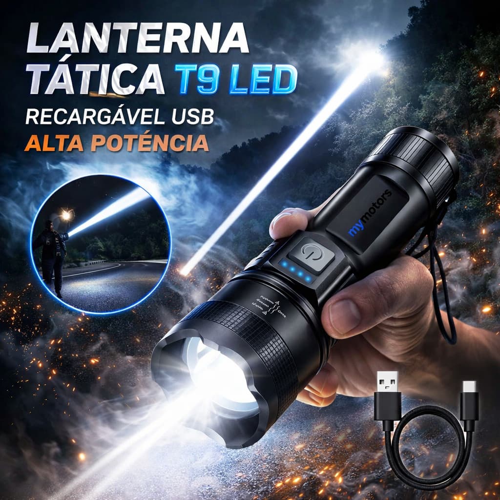Lanterna Tática LED T9 Super Potente Recarregável USB com Zoom 2431