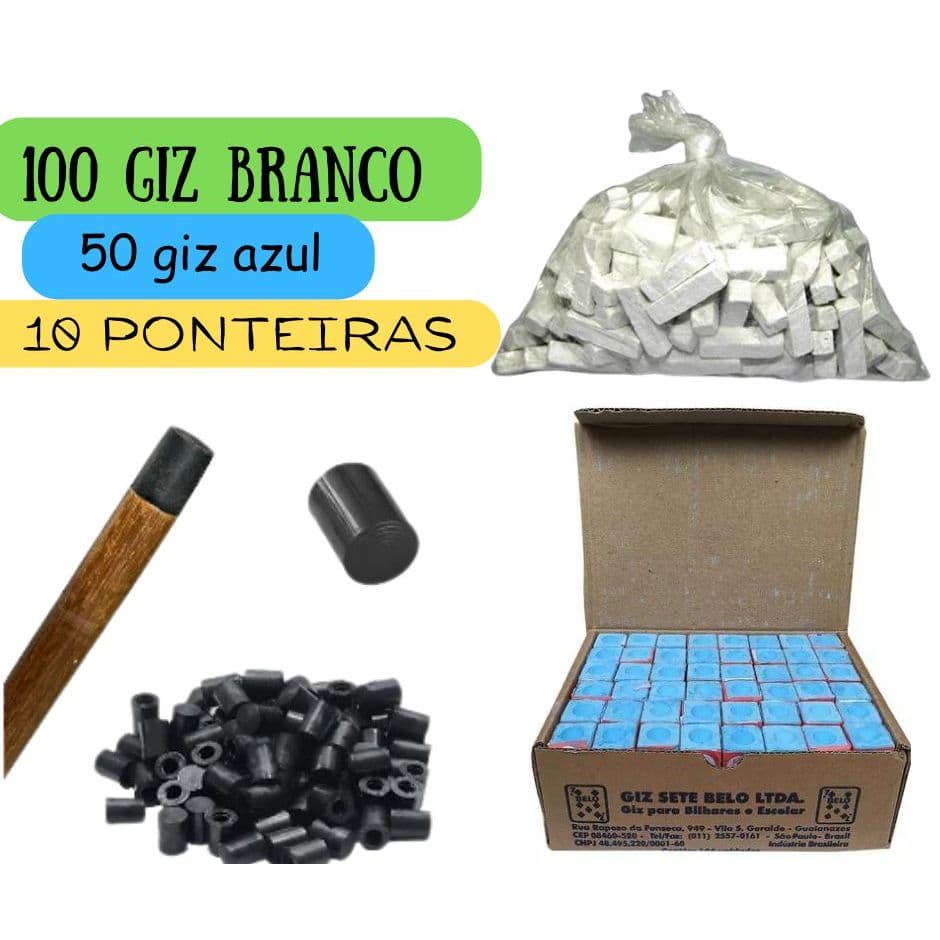 Kit Sinuca Bilhar - 100 Giz Branco + 50 Giz Azul 7 Belo + 10 Virolas Ponteiras Para Taco