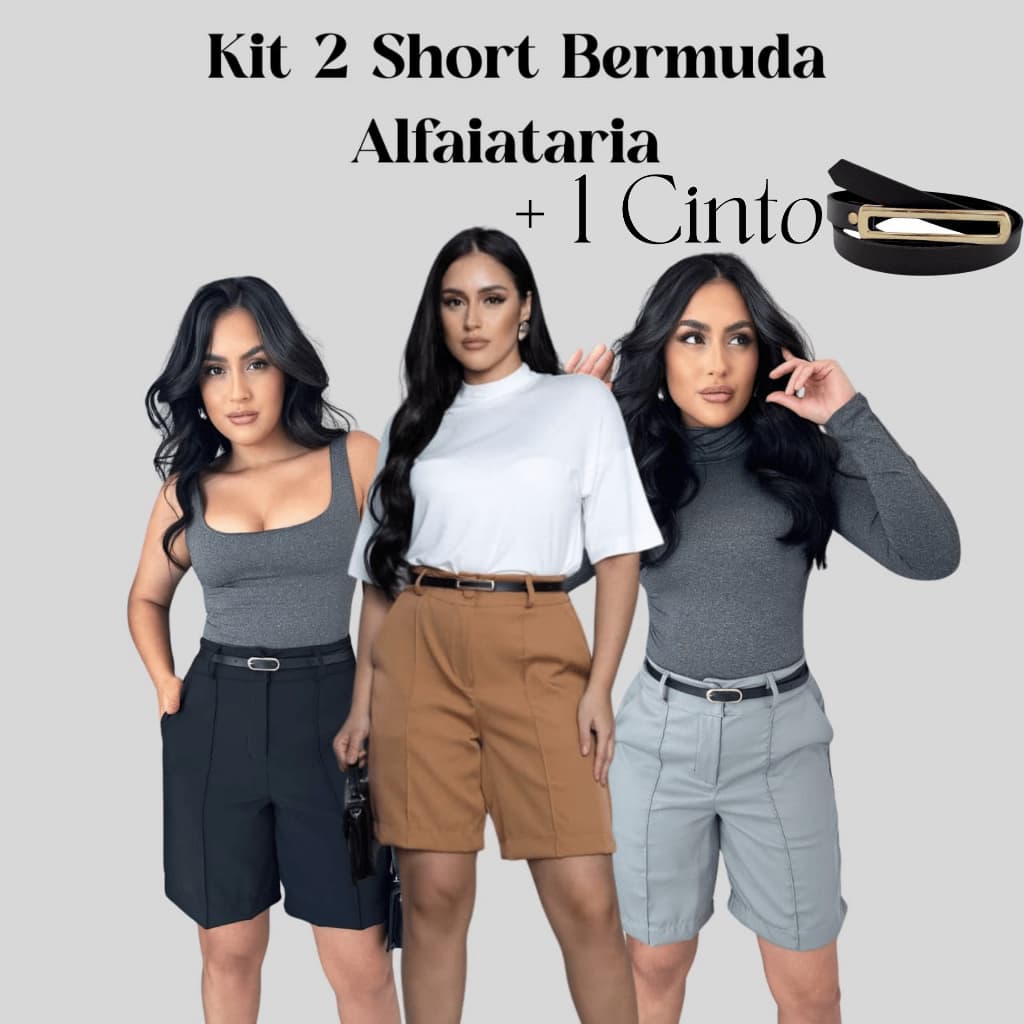 Kit 2 Short Bermudas Feminina Alfaiataria Social FORMA GRANDE ACOMPANHA CINTO