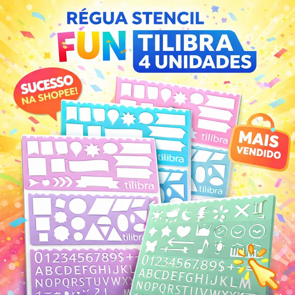 Kit Régua Stencil 15cm Tilibra Fun 4 Letras Números Símbolos Molde Desenho Planner Escolar Criativo
