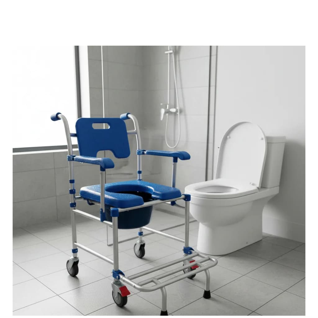 Cadeira de Banho Higiênica Supermedy S50 Azul com Rodas, Comadre e Freio 120kg