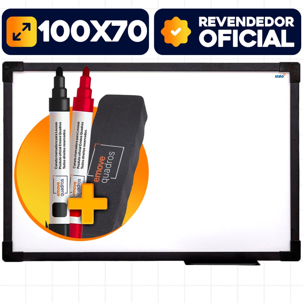 Lousa Quadro Branco 100x70 Moldura Preta + 2 Canetas + Apagador Para Planejamento Escola Escritório Sala de Aula