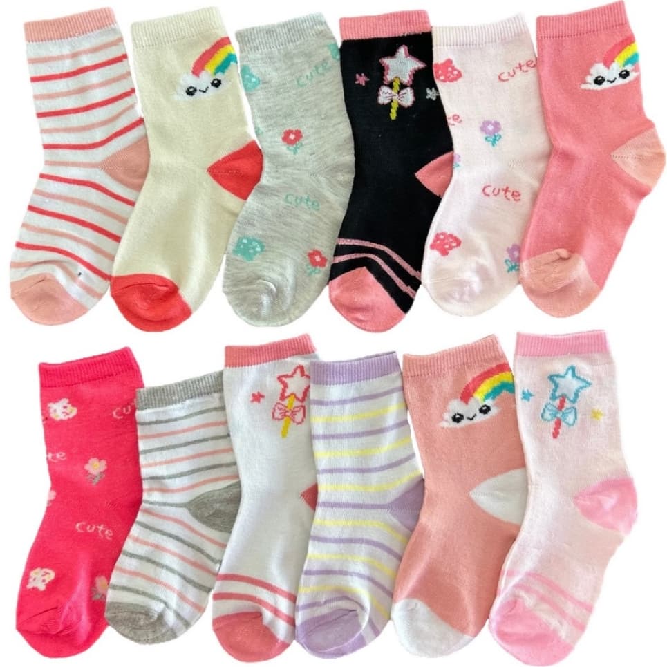 Kit 12 Pares de Meias Infantil Menina Bebê Feminina Diversas Cores e Estampas