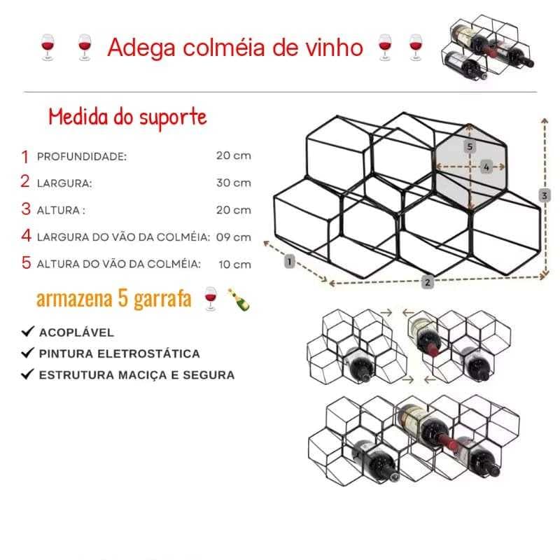 Adega suporte para vinho colmeia p/ 5 garrafas cor preto ou dourada