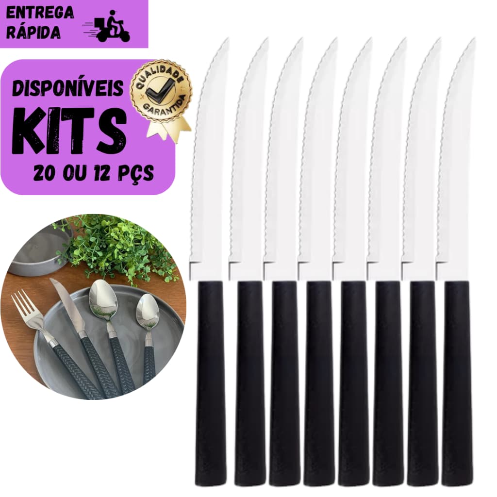 Kits 20 ou 12 Facas de Cozinha Inox Cabo Preto com Serra Ideal Refeições Restaurantes e Uso Diário
