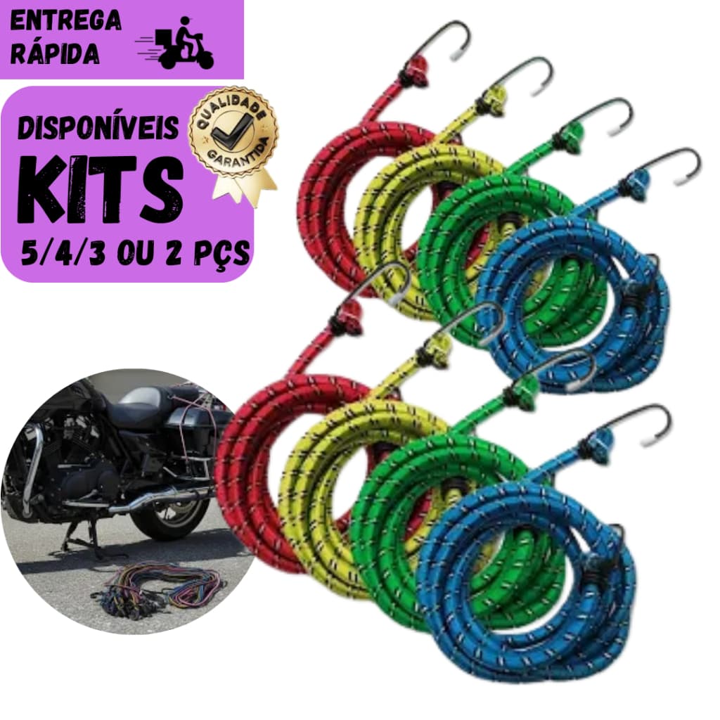 Kits 5/4/3 ou 2 Extensor Elástico Com Ganchos P/ Amarrar Carga Moto Carro Bagageiro Reforçado 1,5 Mt