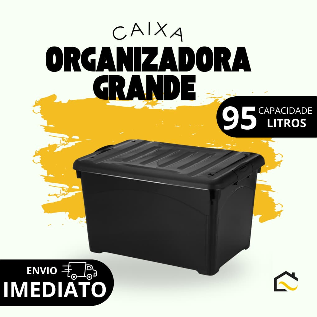 Caixa Organizadora 95 Litros Reforçada Com Trava Tampa e Rodinhas Empilhável Preta