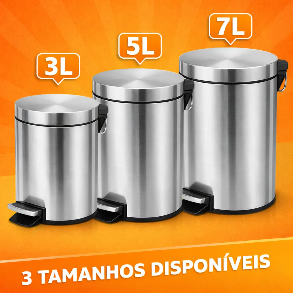 Lixeiras Beity Inox de 3, 5 ou 7 litros com Pedal e Balde para banheiro, escritório, cozinha