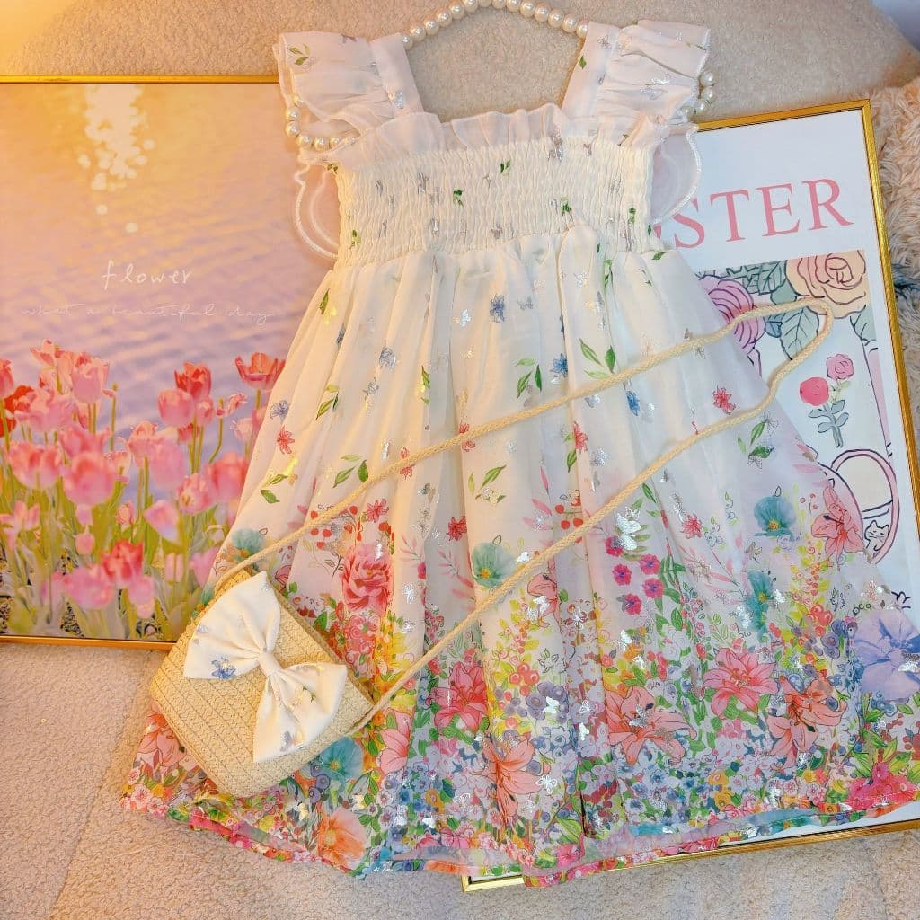 Vestido Infantil com Chapéu de Palha Estilo Princesa Floral Doce para o Verão