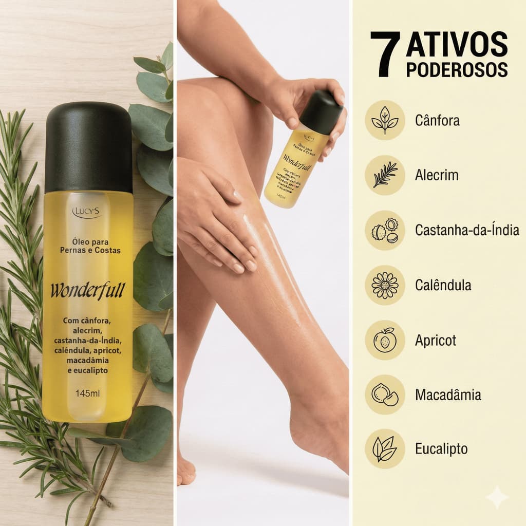 Óleo de Massagem Pernas e Costas Relaxante Cânfora e Alecrim Wonderfull Lucy's 145ml