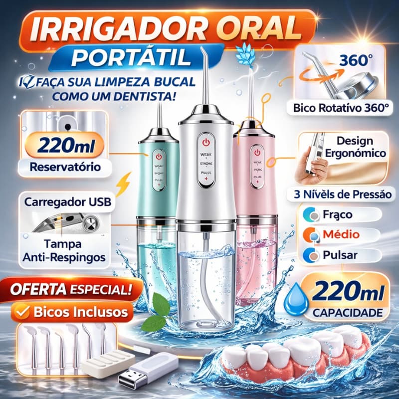 Irrigador Dental Oral Portátil Recarregável USB 220ml Promoção Limpeza Bocal Jato Forte
