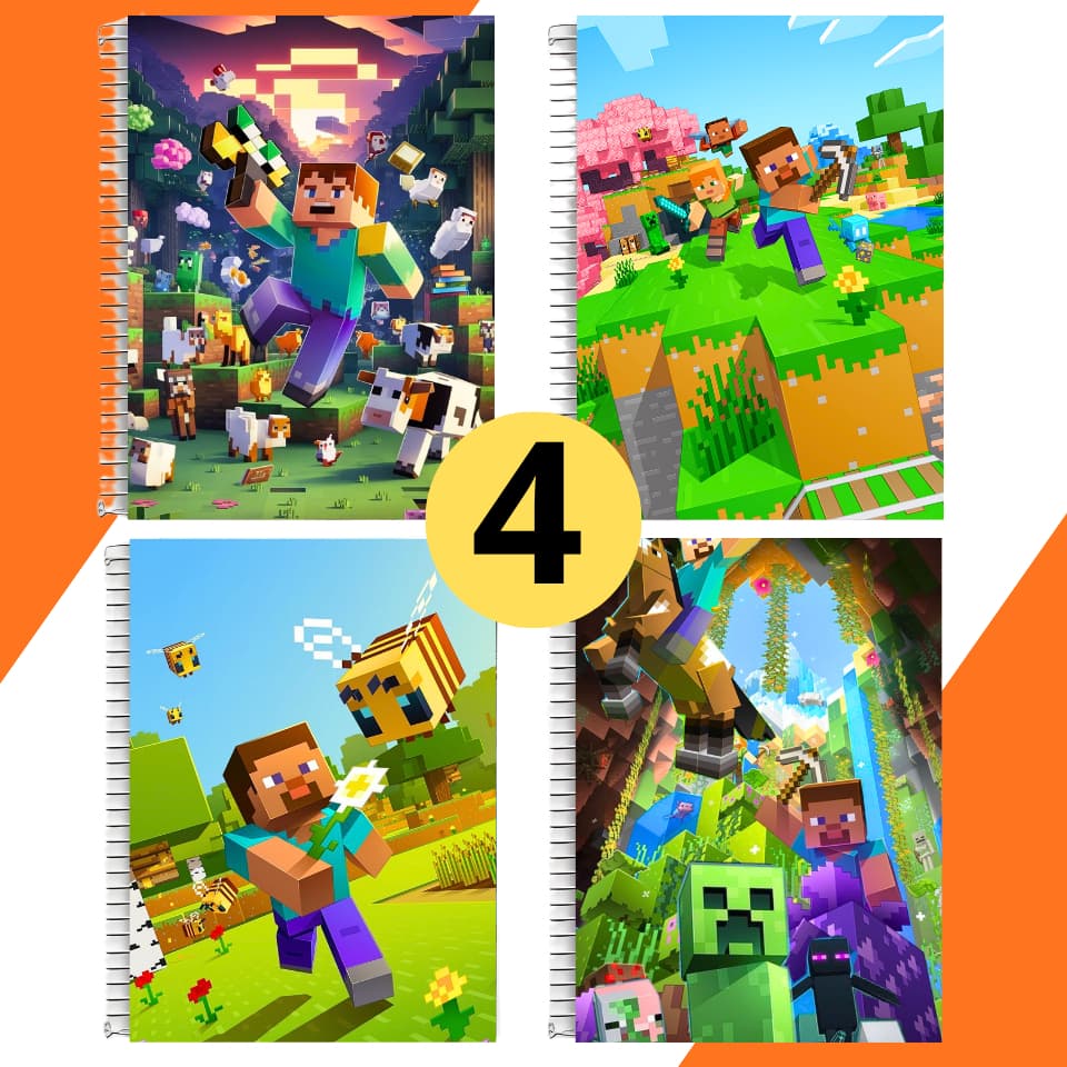 Kit 4 Adesivos Para Capa de Caderno Anime MineCraft Jogo Game Escolar Excelente Qualidade